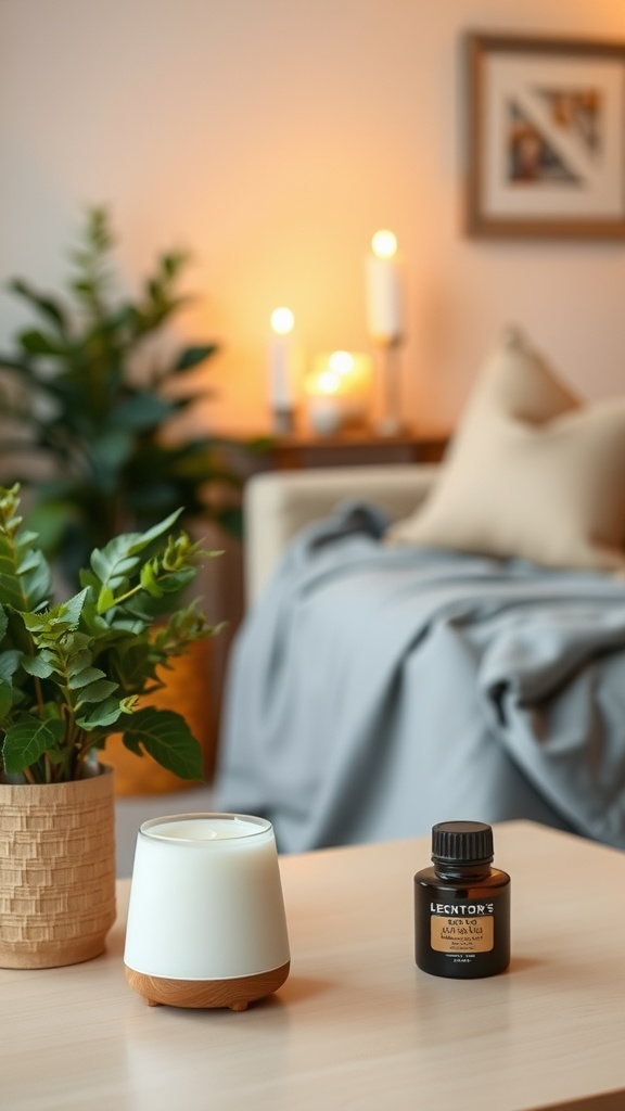 A candle and essential oil bottle on a wooden table with a plant in a woven pot, creating a cozy home atmosphere.