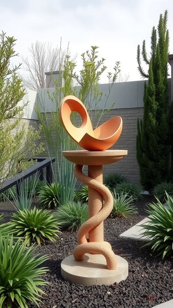 A uniquely designed bird bath with a sculptural appearance featuring a twisted base and smooth bowl, set in a garden with greenery.