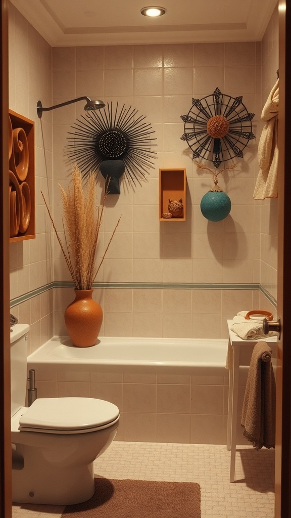 A retro 70s bathroom showcasing sculptural decor elements like wall art and a large vase.