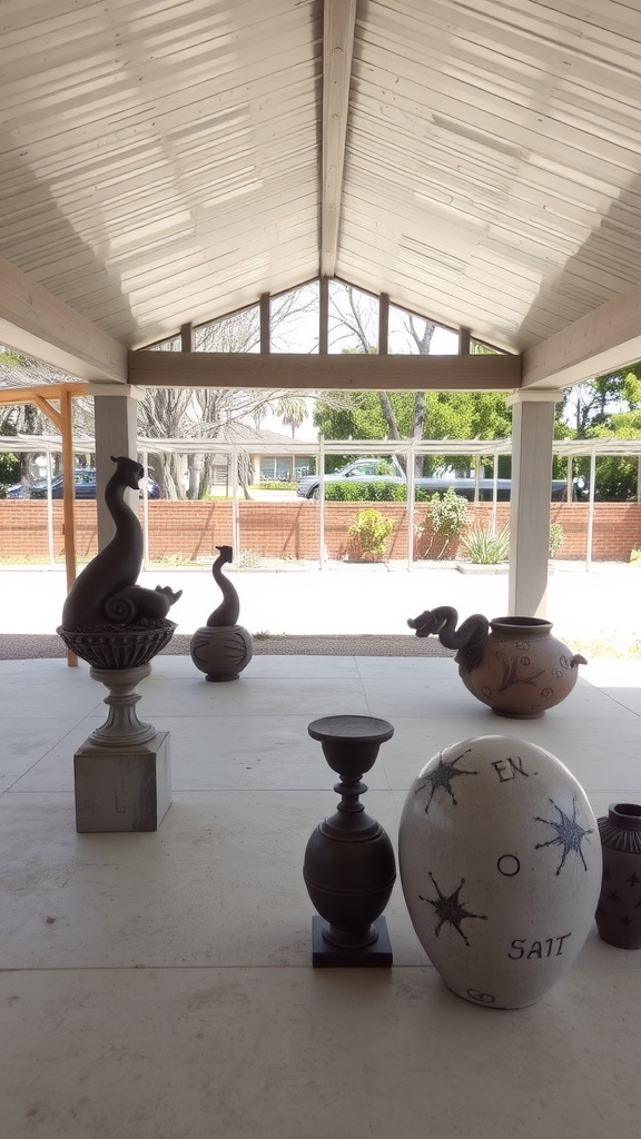 A variety of sculptures displayed in a covered patio, showcasing unique designs and textures.