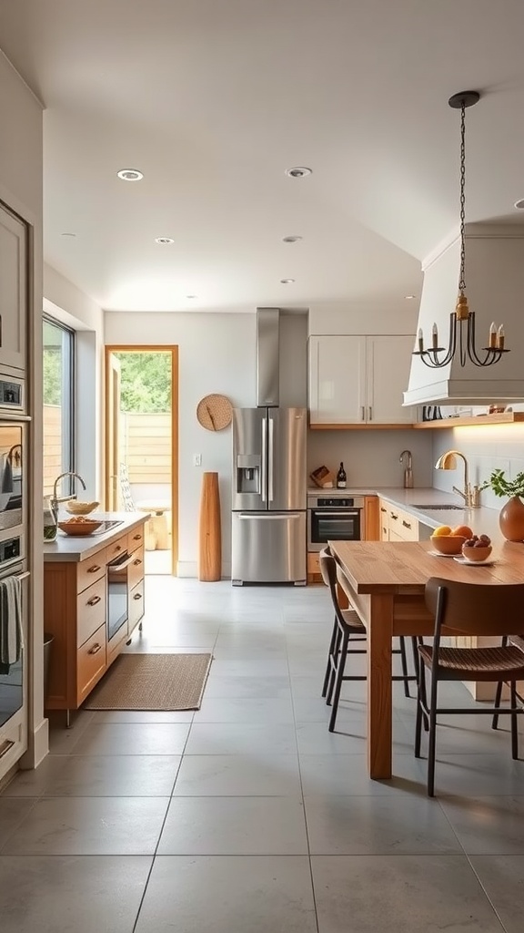A modern farmhouse kitchen with large windows, wooden cabinets, and a view of the outdoor area.