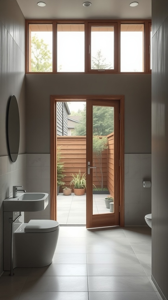 A modern bathroom with large windows, wooden accents, and a view of an outdoor patio surrounded by plants.