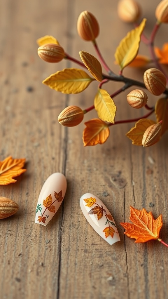 Almond-shaped nails with autumn leaf designs next to decorative leaves.