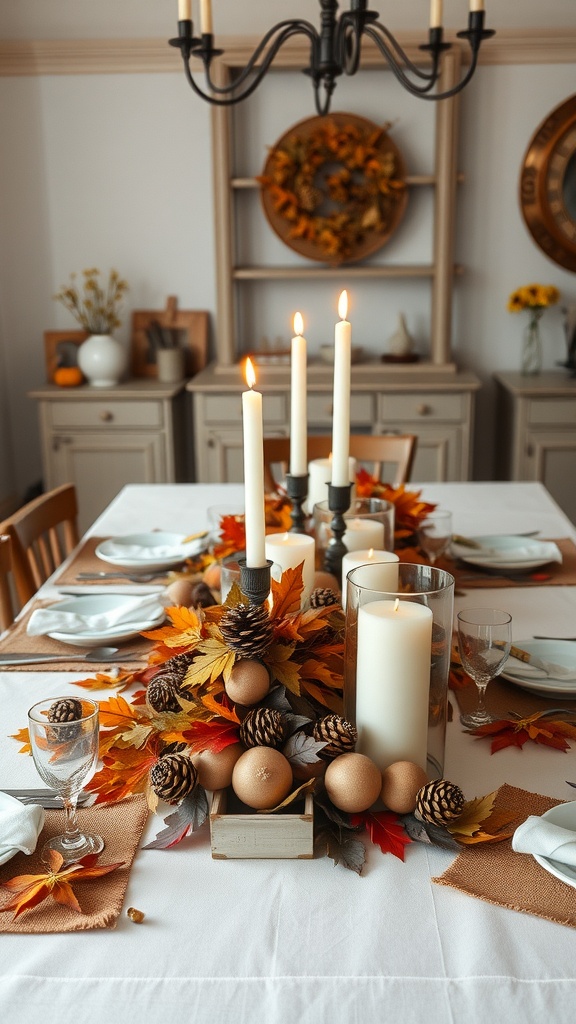 A cozy dining table decorated with autumn leaves, pinecones, and candles for a seasonal centerpiece.