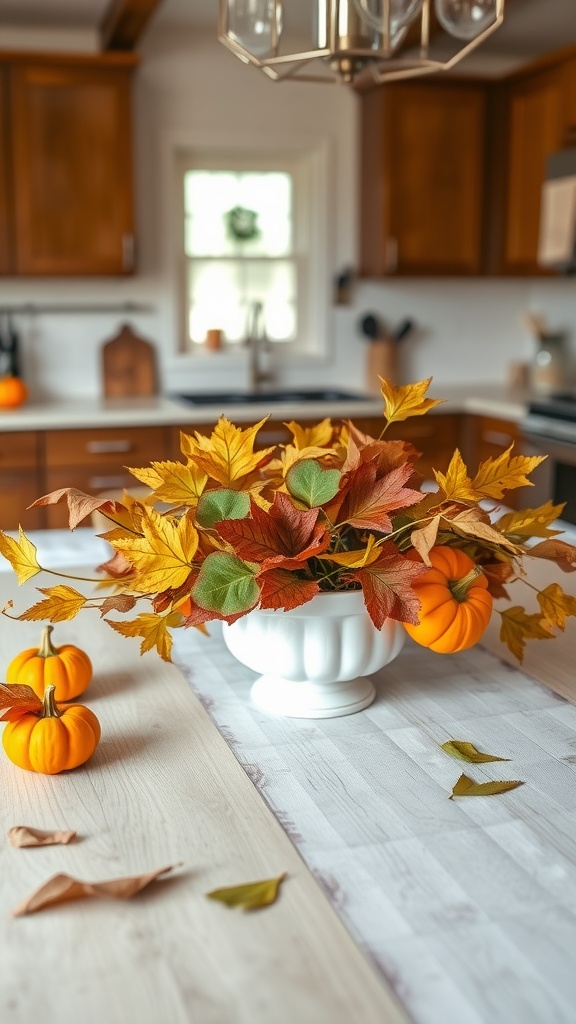 A farmhouse kitchen table decorated with a seasonal centerpiece of autumn leaves and small orange pumpkins.