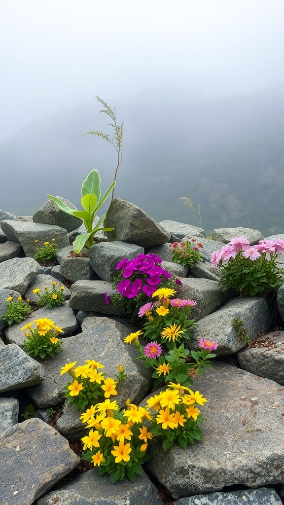 Colorful flowers blooming among rocks in a rock bed.
