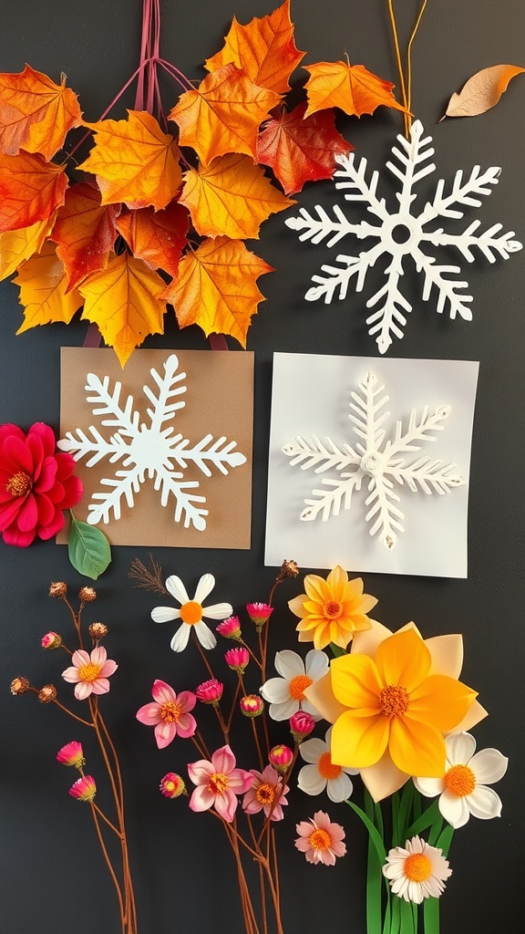 A collection of seasonal craft materials including autumn leaves, paper snowflakes, and colorful flowers.