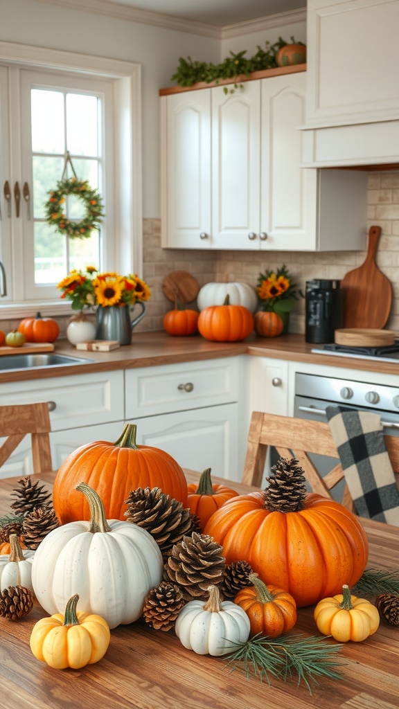 A cozy cottage kitchen decorated with pumpkins and pinecones for autumn, featuring a wooden table and sunflowers.