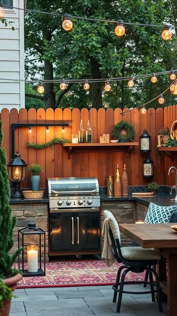Small outdoor kitchen with grill, lights, and seasonal decor