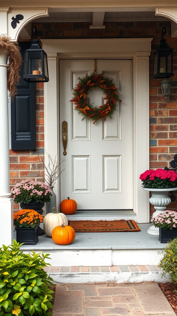 A cozy porch decorated for fall with a wreath, pumpkins, and colorful flowers.