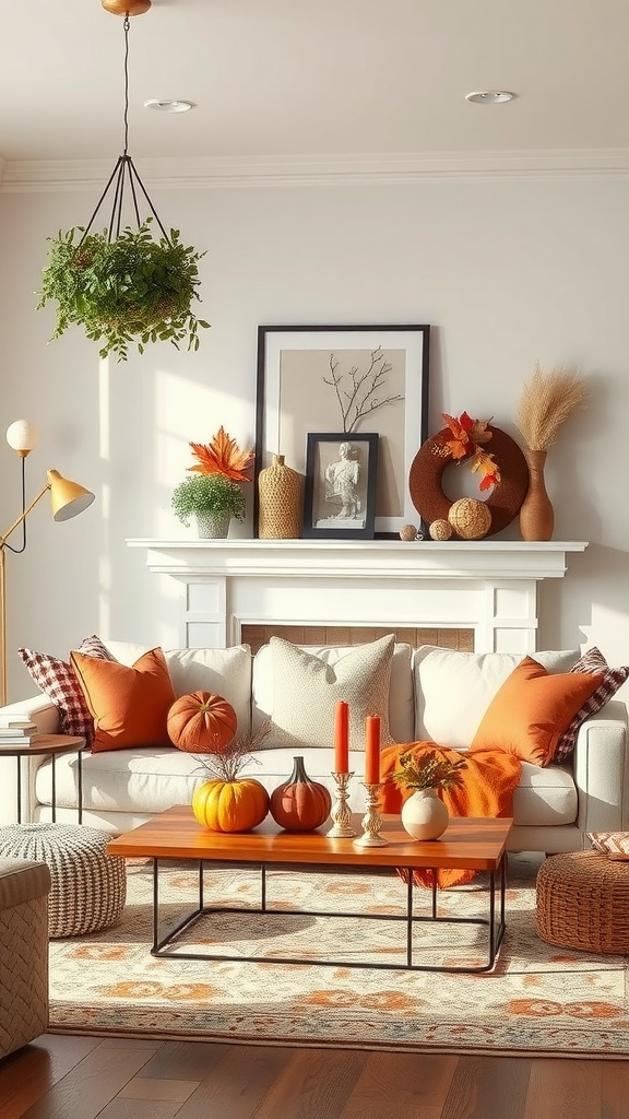 A cozy living room decorated for autumn with pumpkins, orange cushions, and a warm atmosphere