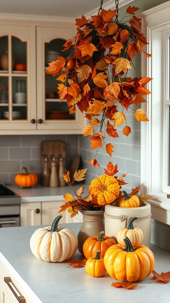 A cozy farmhouse kitchen with seasonal autumn decor including pumpkins and colorful leaves.