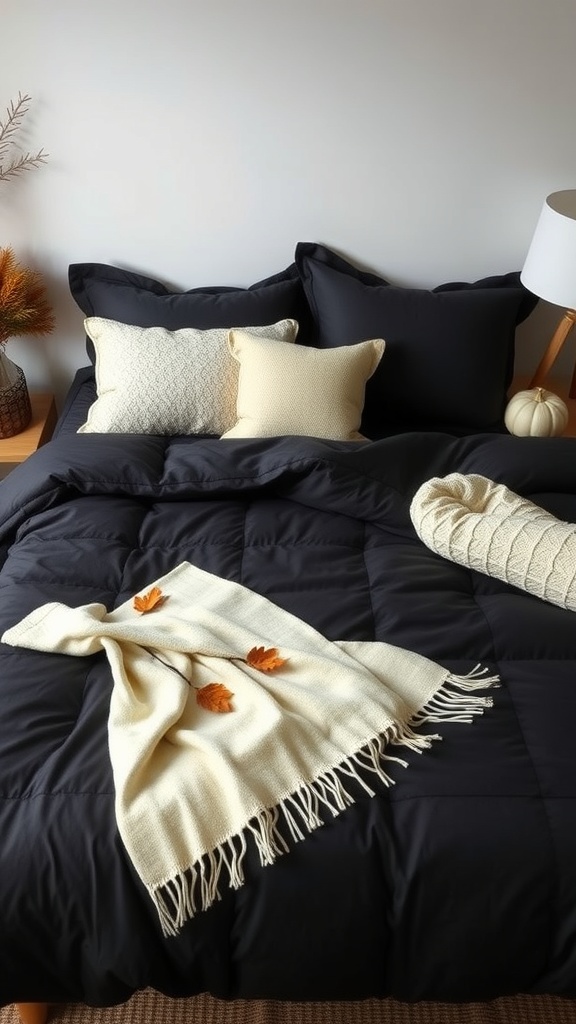 A cozy bedroom with a black comforter, light-colored pillows, and a white throw blanket adorned with autumn leaves.