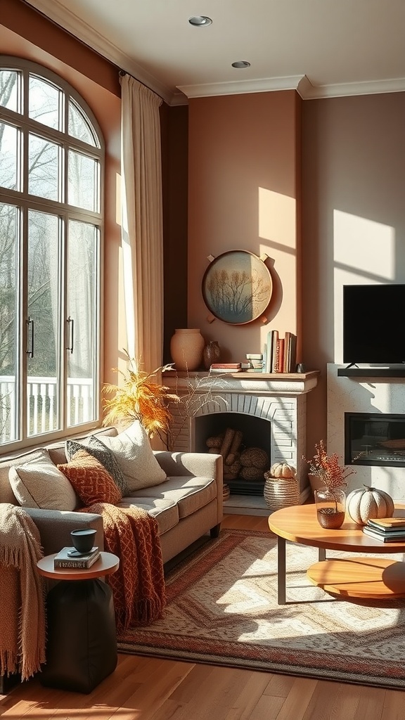 A warm and inviting brown living room with seasonal decor, showcasing cozy furniture and natural elements.
