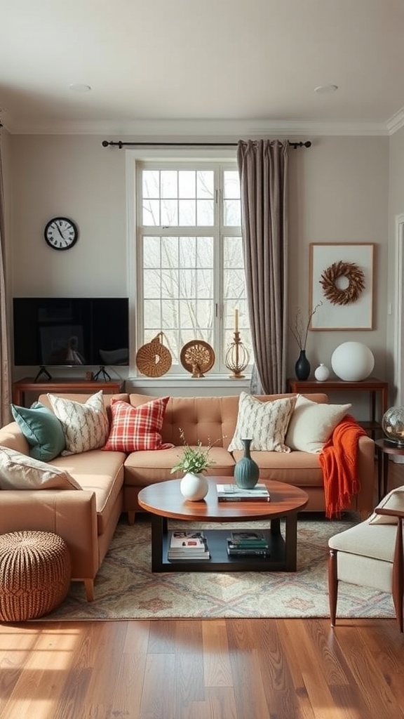 A cozy living room featuring a sectional sofa with colorful throw pillows, a wooden coffee table, and seasonal decor elements.