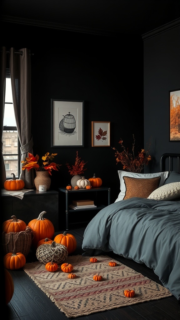 A cozy black bedroom decorated for autumn with pumpkins and warm colors.