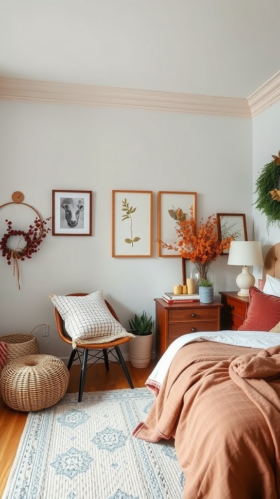 A cozy bedroom with warm autumn decor, featuring earthy tones, vibrant flowers, and natural artwork.