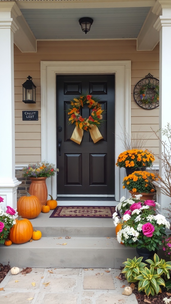 A small porch decorated for fall with pumpkins, flowers, and a colorful wreath.