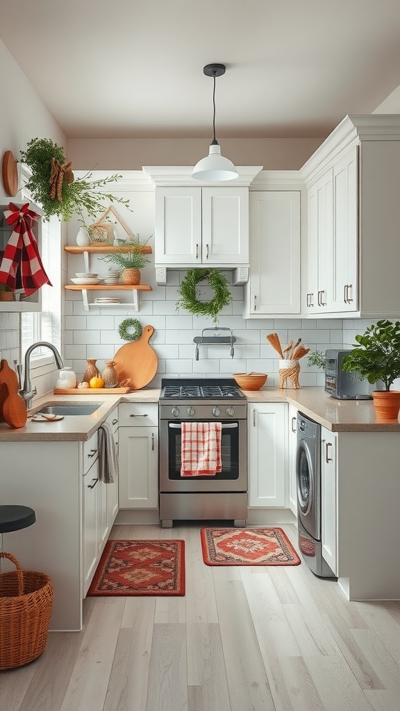 A cozy white kitchen decorated for the season with plants, checkered towels, and warm colors.