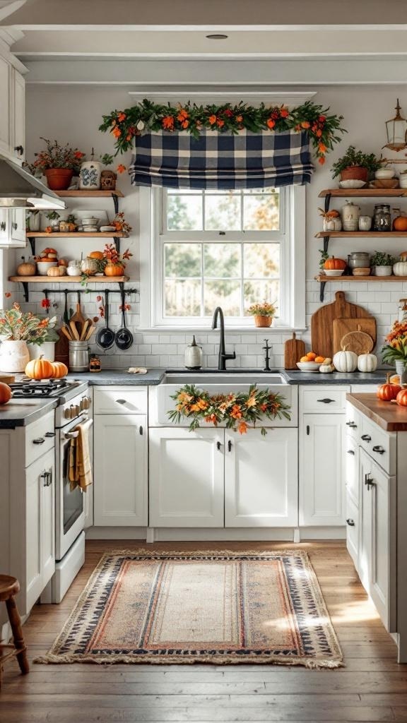 A cozy farmhouse kitchen decorated for autumn with pumpkins, greenery, and a checkered valance.