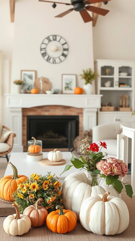 A cozy living room featuring seasonal decor with pumpkins and flowers, highlighting a cottagecore aesthetic.