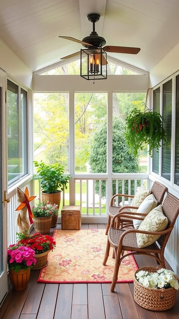 A decorated small screened-in porch with pumpkins, flowers, and a welcoming sign for fall.
