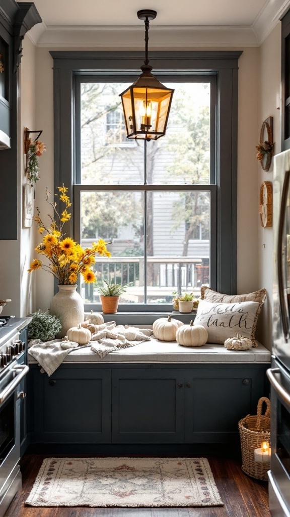 A cozy kitchen nook with sunflowers, pumpkins, and a comfortable seating area