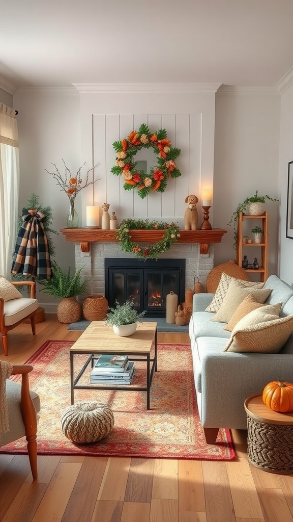 A cozy living room with a fireplace, decorated for the season with a wreath and autumn accents.