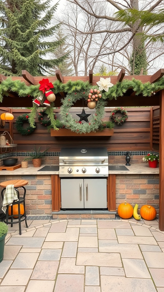 Outdoor kitchen decorated for the season with garlands, wreaths, and pumpkins.