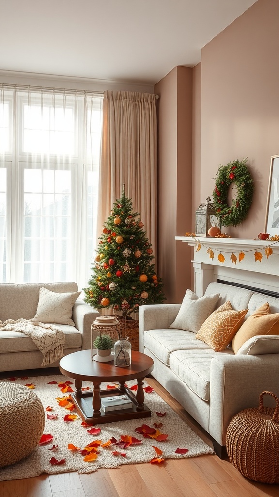 Cozy living room decorated for the holidays with a Christmas tree and autumn leaves on the floor.