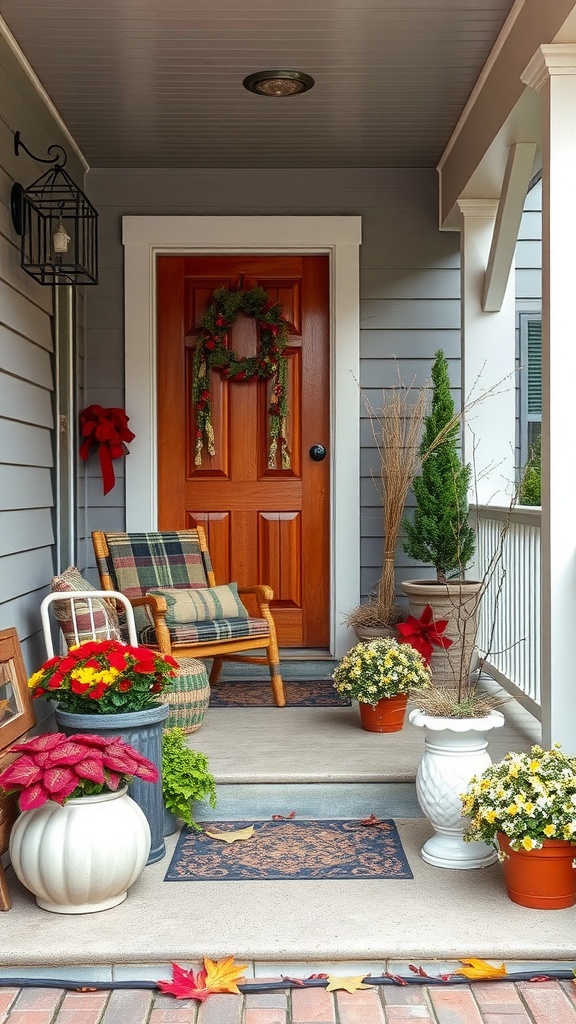 Cozy back porch with seasonal decor including a wreath, flowers, and a rocking chair.
