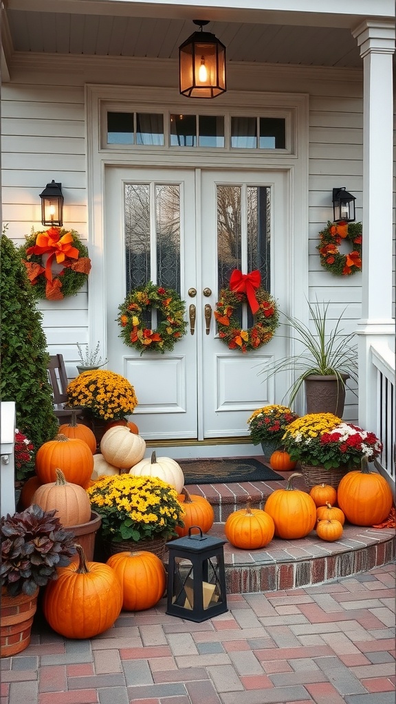 Autumn themed front patio with pumpkins, chrysanthemums, and festive wreaths