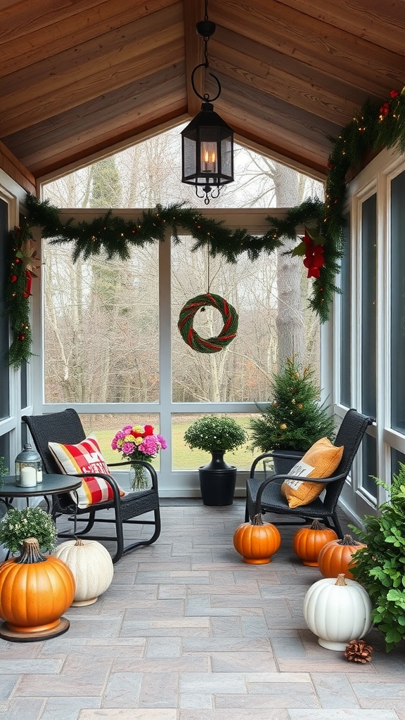A screened-in back porch decorated for autumn with pumpkins, potted plants, and cozy seating.