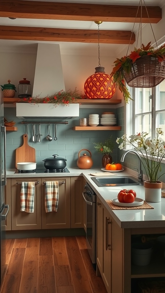 A cozy kitchen with warm lighting, pumpkins on the counter, and flowers on the windowsill.