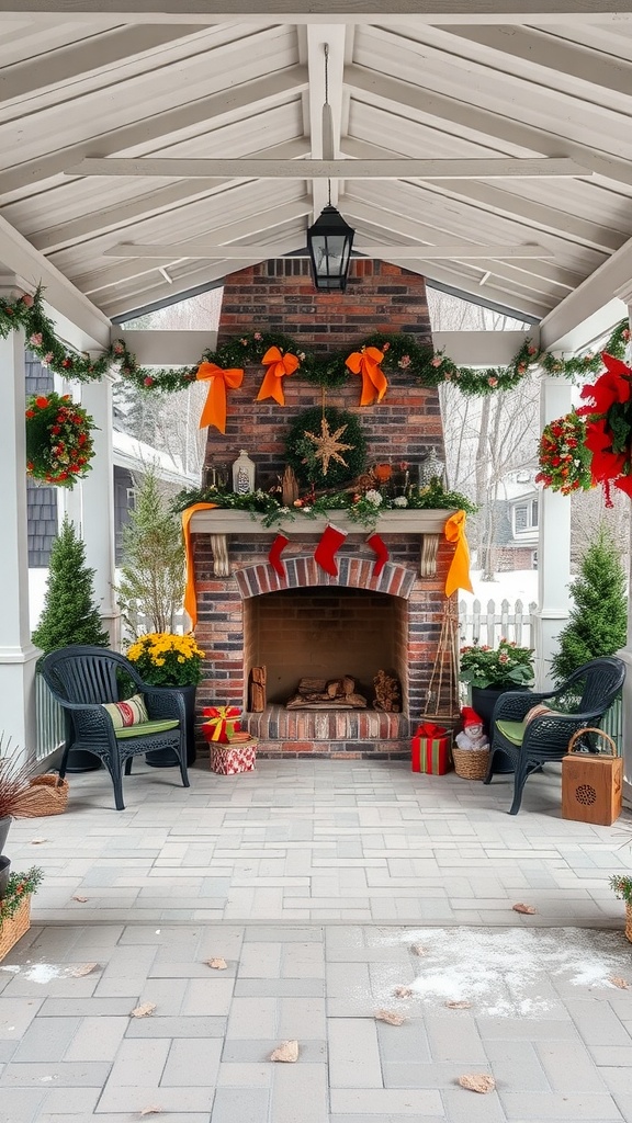 A covered patio with a fireplace decorated for the season, featuring orange bows, wreaths, and comfortable seating.