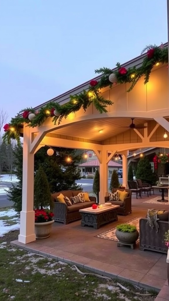A cozy outdoor covered patio decorated with garlands and lights, featuring comfortable seating and festive touches.