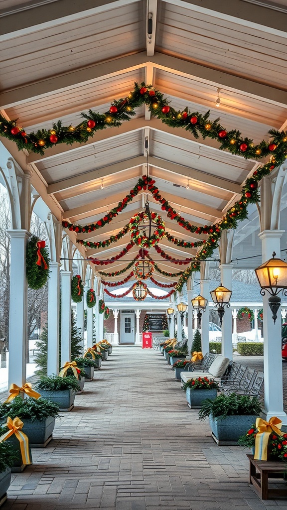 A covered patio decorated for the winter season with garlands, wreaths, and festive lights.