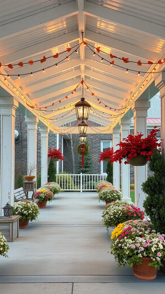 A covered patio with hanging seasonal decorations, potted flowers, and warm lighting.