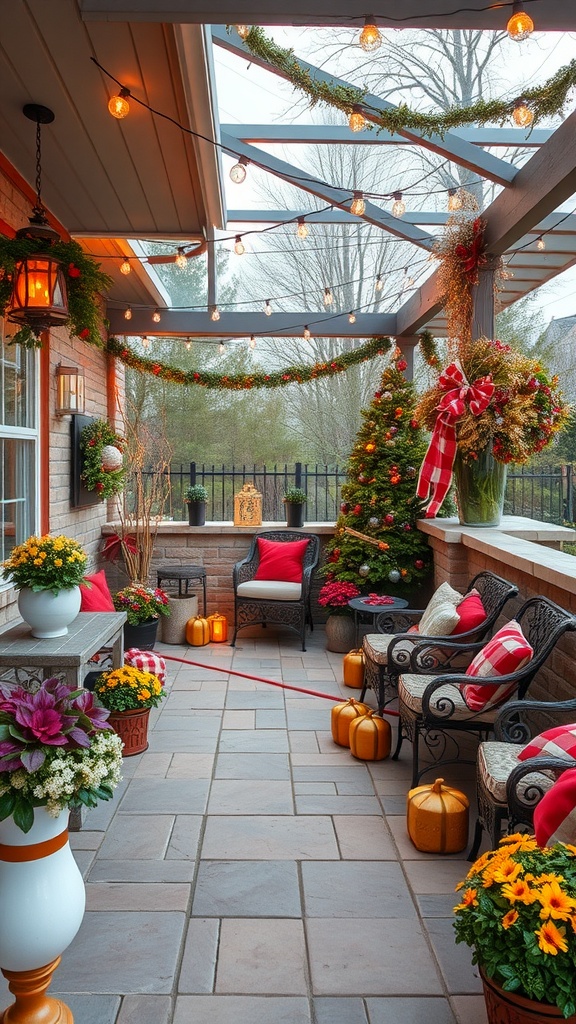 A cozy covered outdoor patio decorated for the fall season with pumpkins, flowers, and string lights.