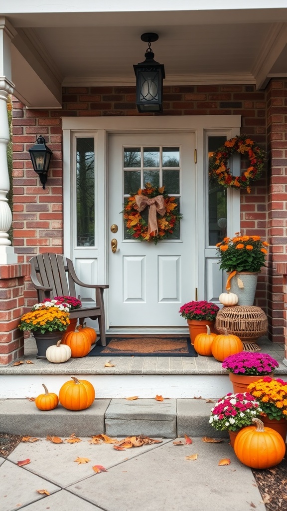 A cozy front porch decorated for fall with pumpkins, colorful flowers, and a welcoming wreath.