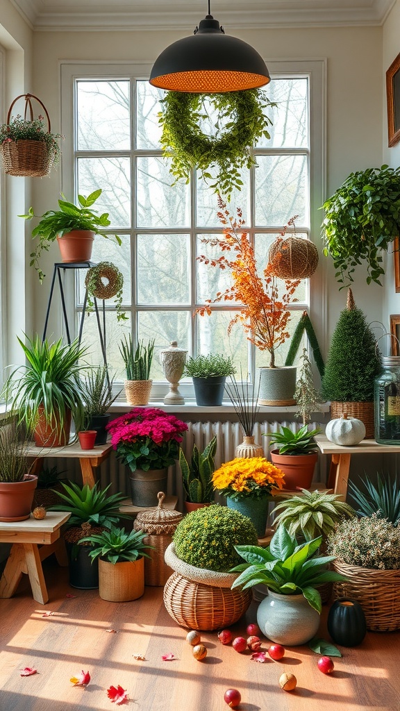 A cozy all-season room filled with various plants, autumn decorations, and warm lighting.