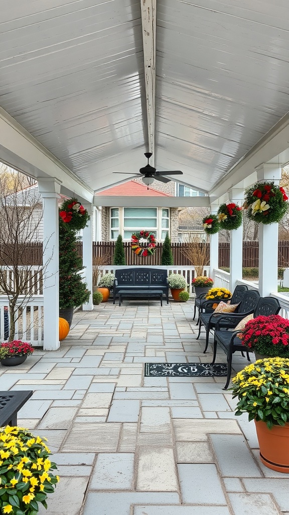 A covered patio decorated with seasonal flowers, seating, and wreaths.