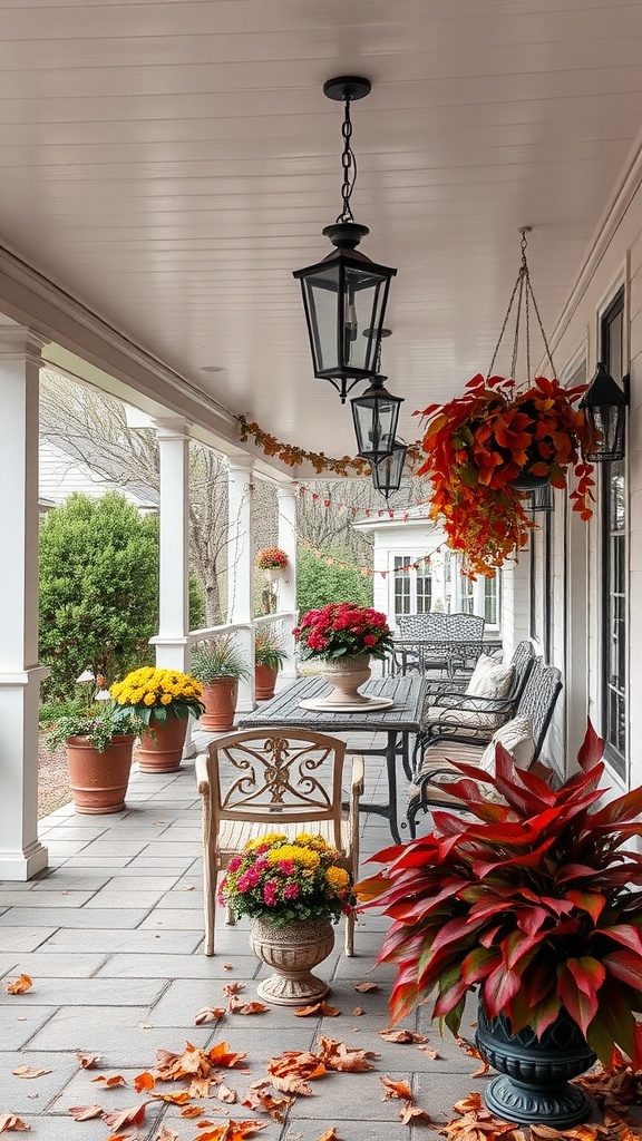 A covered patio decorated with seasonal flowers and lanterns.