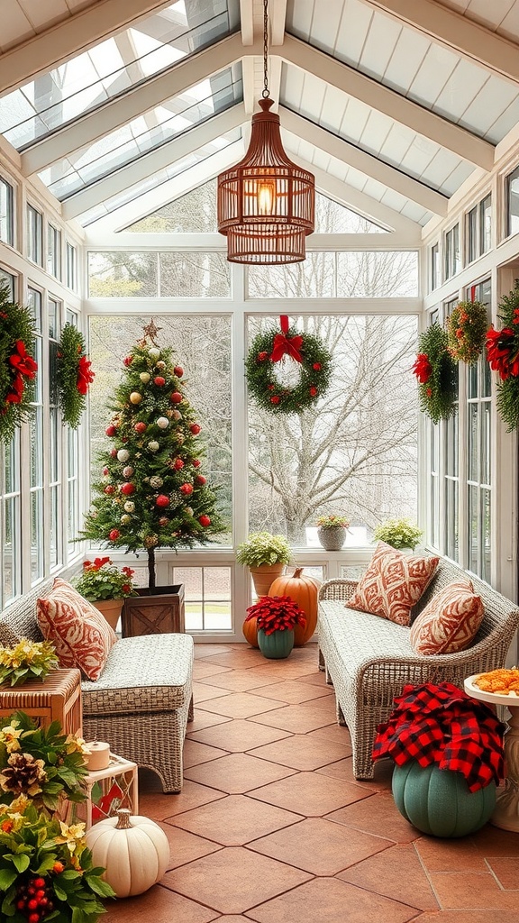 A beautifully decorated sunroom for the holidays with a Christmas tree, wreaths, and cozy seating.