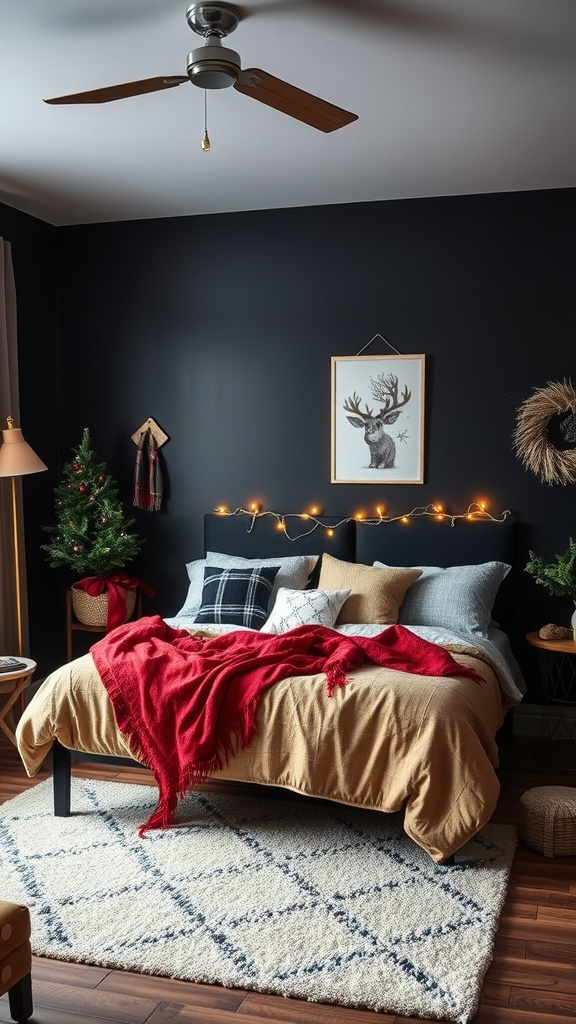 Cozy black bedroom decorated for the holidays with a bed, pillows, a Christmas tree, and string lights.