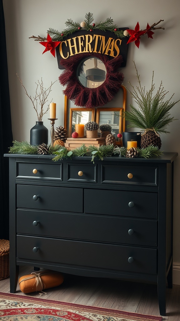 A black dresser decorated for the holiday season with a wreath, candles, and pinecones.