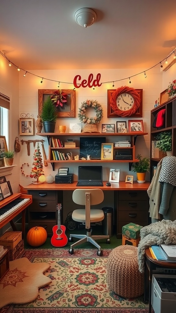 A cozy hobby room featuring seasonal decor elements such as a small Christmas tree, pumpkins, and warm lighting.