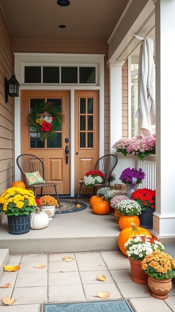 A warm and inviting back porch decorated with colorful mums, pumpkins, and a seasonal wreath.