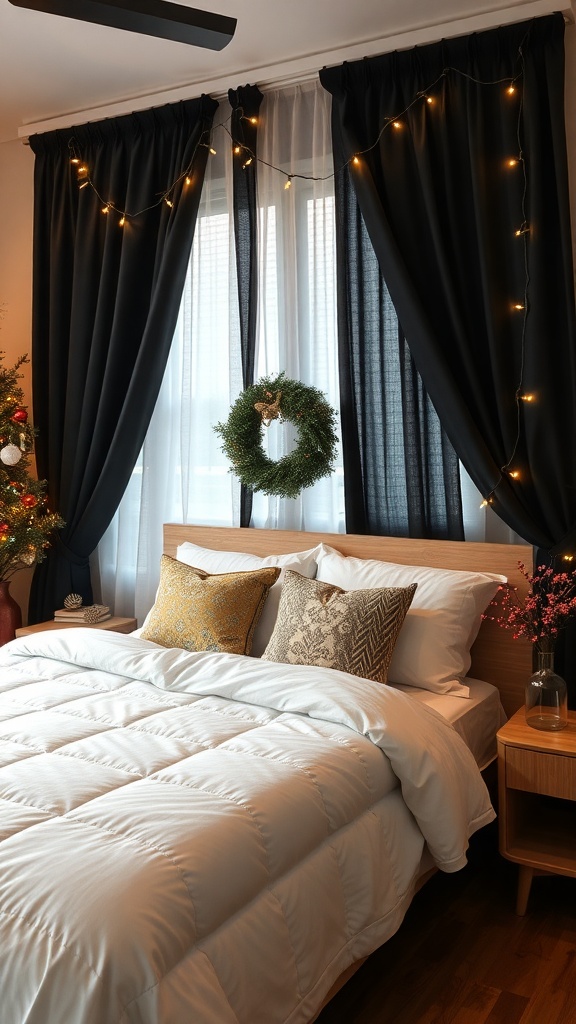 A cozy bedroom featuring black curtains, fairy lights, and seasonal decor.