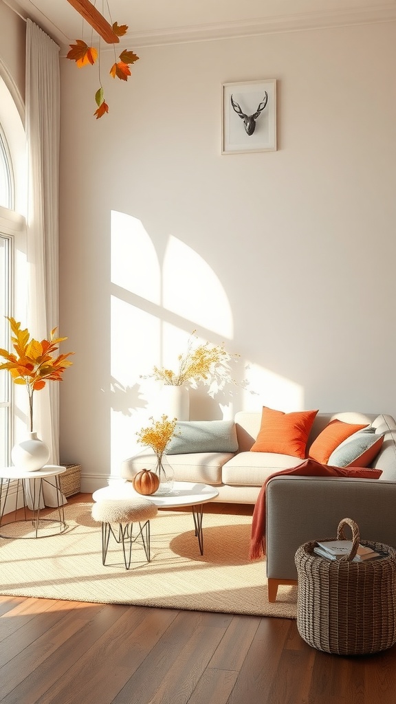 A clean living room with autumn decor, featuring a cozy sofa, pumpkins, and fall leaves.